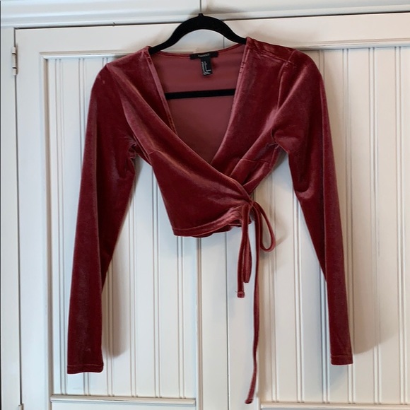 Dark pink, velvet, cross tie crop top - Picture 1 of 4
